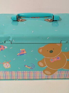 Vintage 1980s Sanrio Tweedle Dee Dee Bear Just for Fun Tin Turquoise RARE Japan